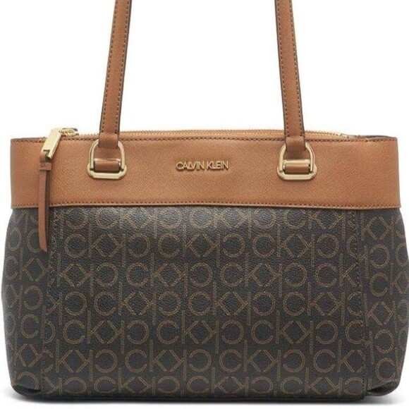 Calvin Klein Signature Monogram Tote Bag Purse Brown Tan This classic - Picture 1 of 8